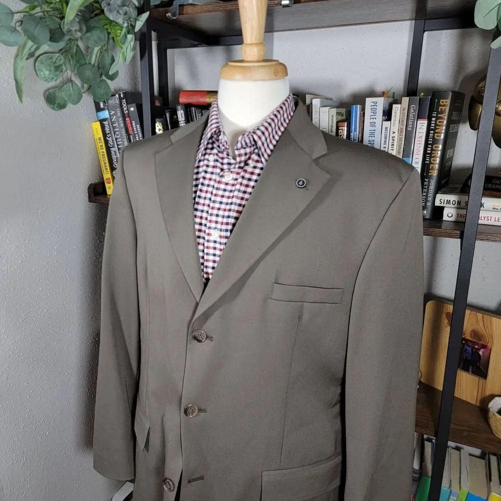 Haggar Men's Sport Coat Blazer Three‎ Button Dark Olive Poly Wool Blend 44L NEW